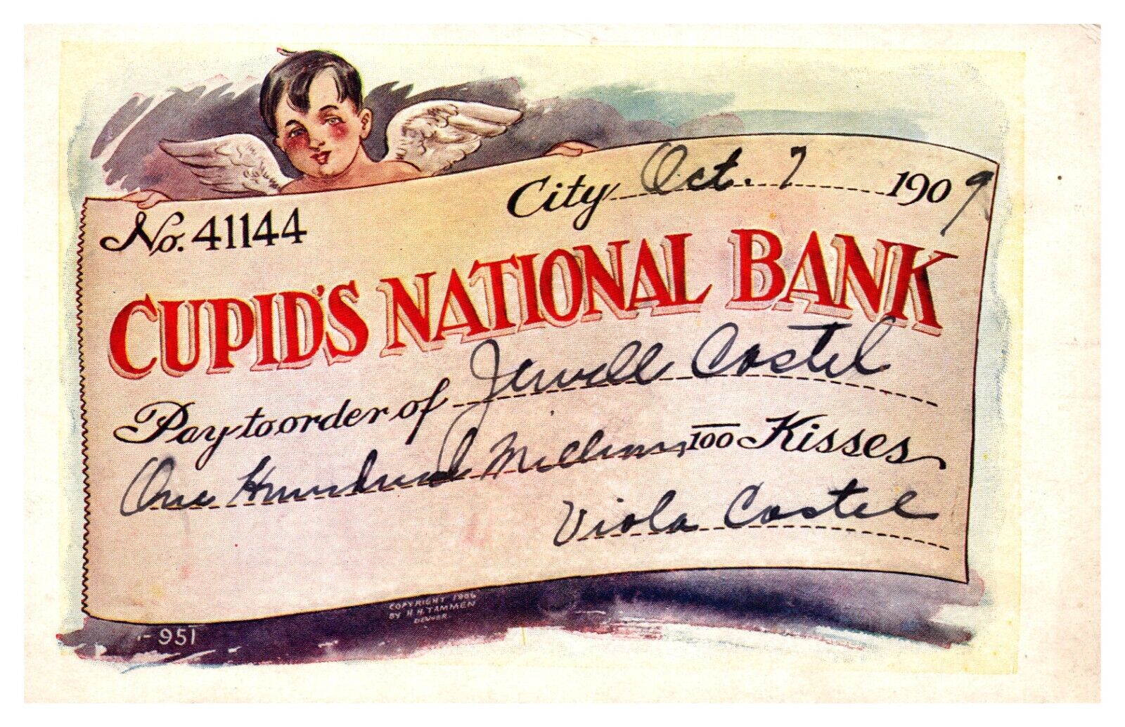 1907 Valentine PC of Cupid by a check written on Cupid\'s National Bank  #228