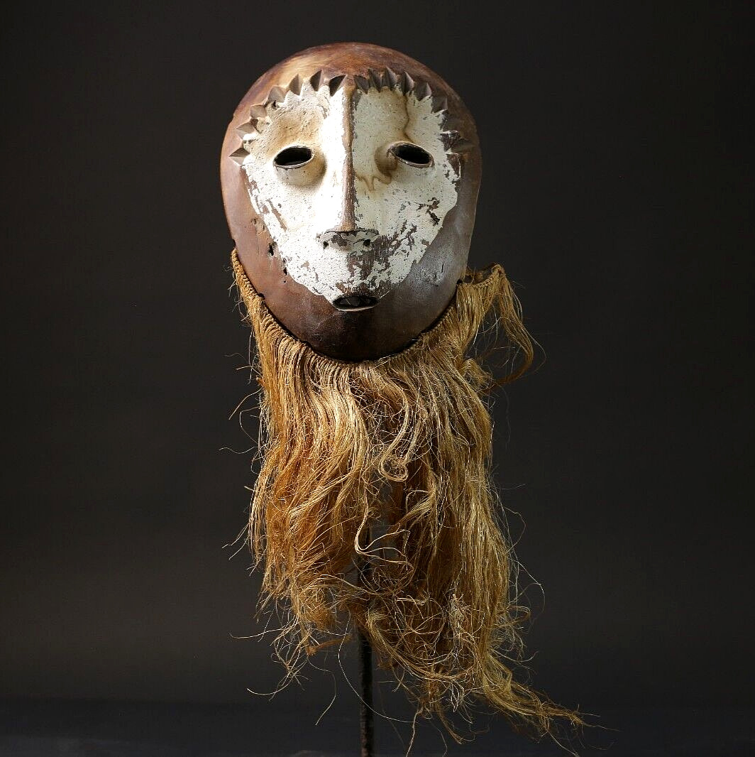 African Lega Mask Hand Carved Mask Bwami Society Raffia Congo wall mask -G2461