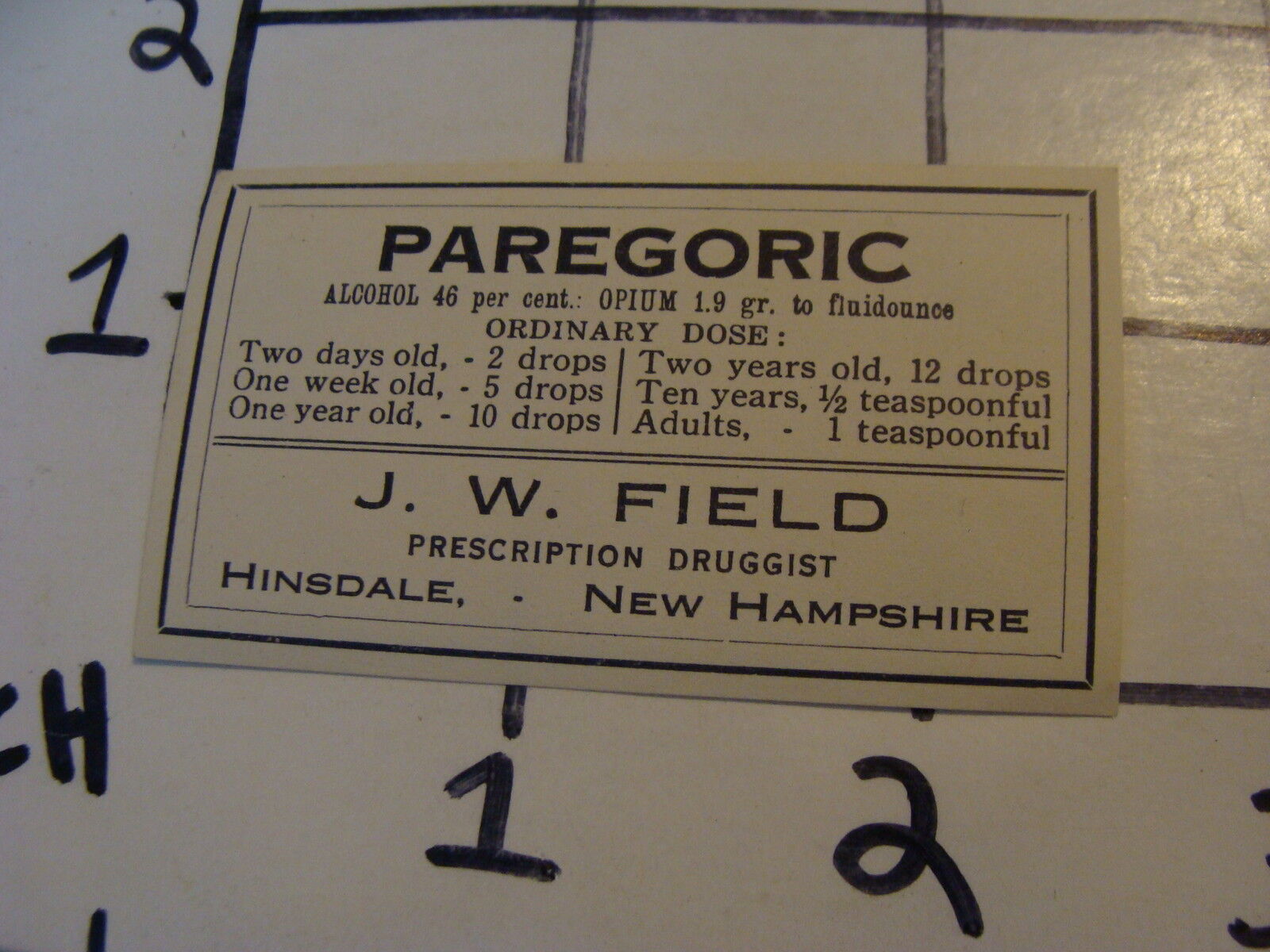 Vintage Original Label: PAREGORIC J.W. Field Hinsdale NH