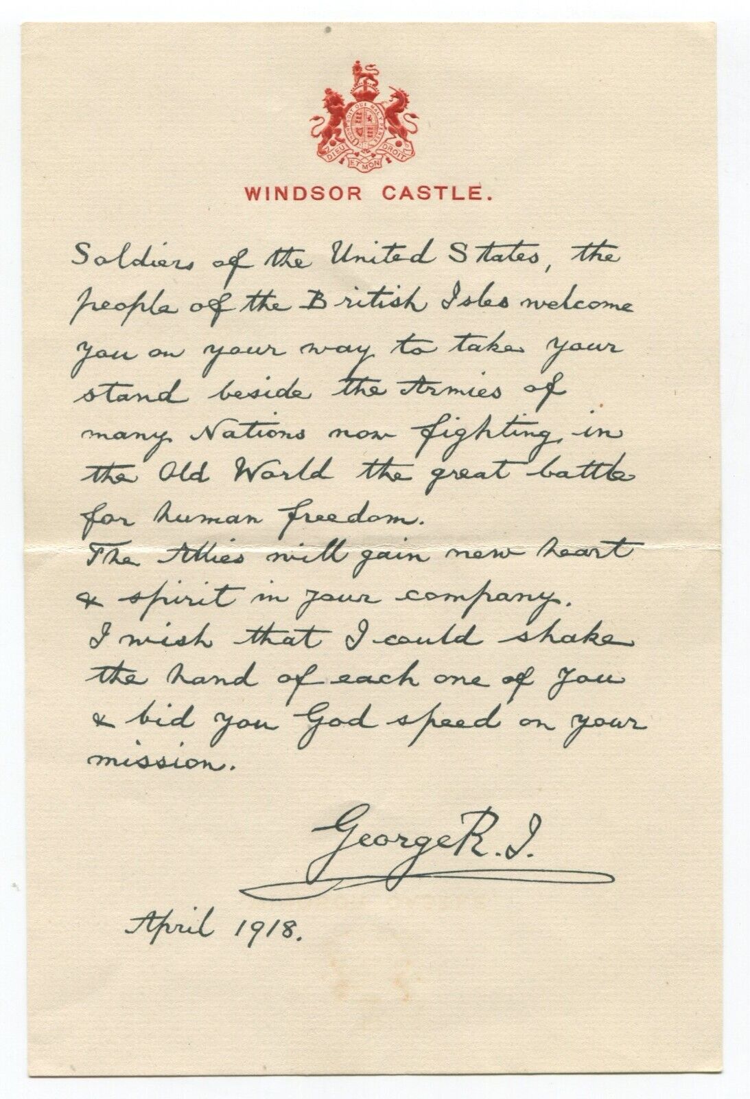 1918 King George Signed WWI Facsimile Letter Original Vintage