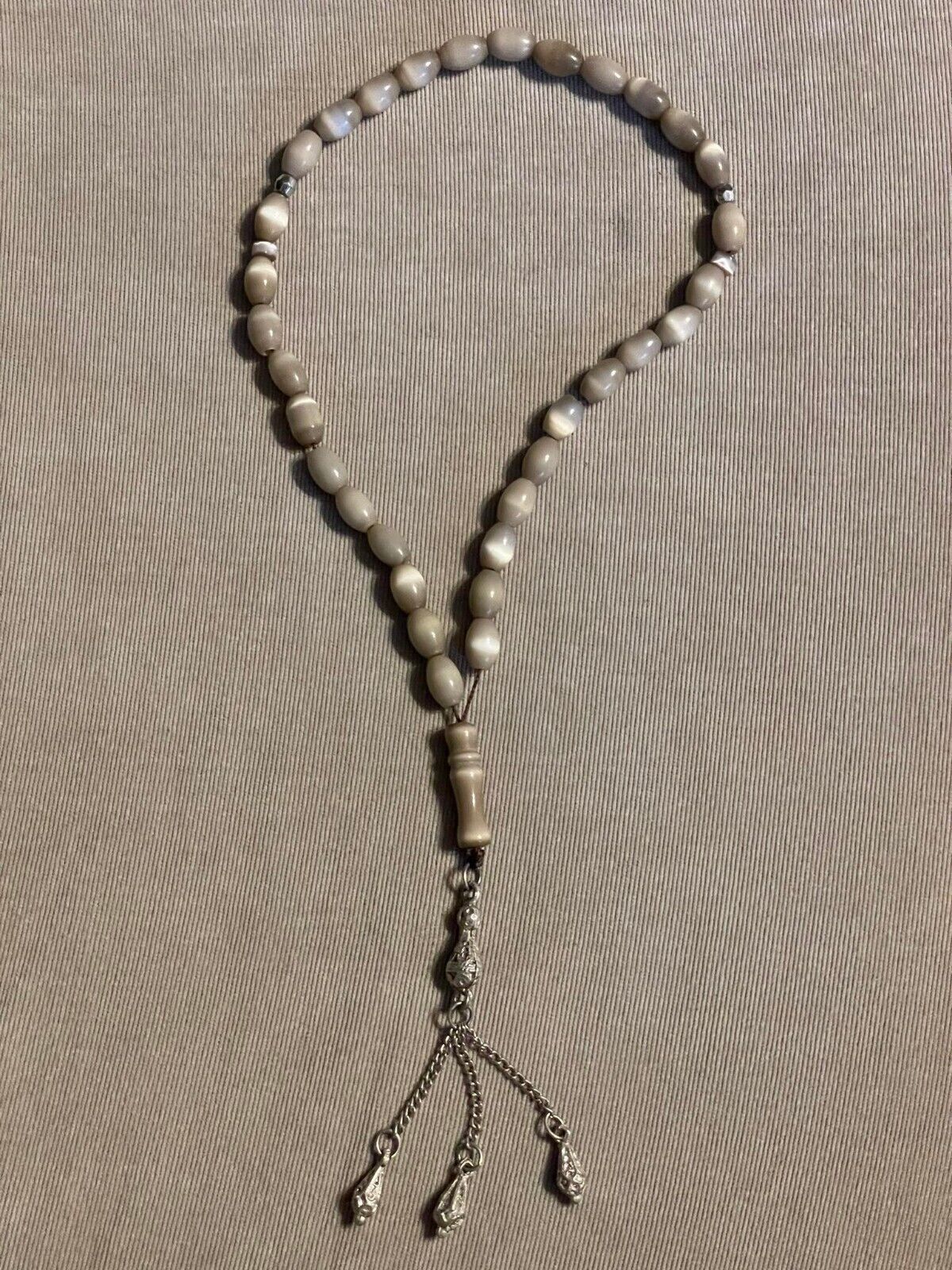 Syrian Islamic Prayer Beads 33 Tasbih Oval Light Grey with Metal Tassels