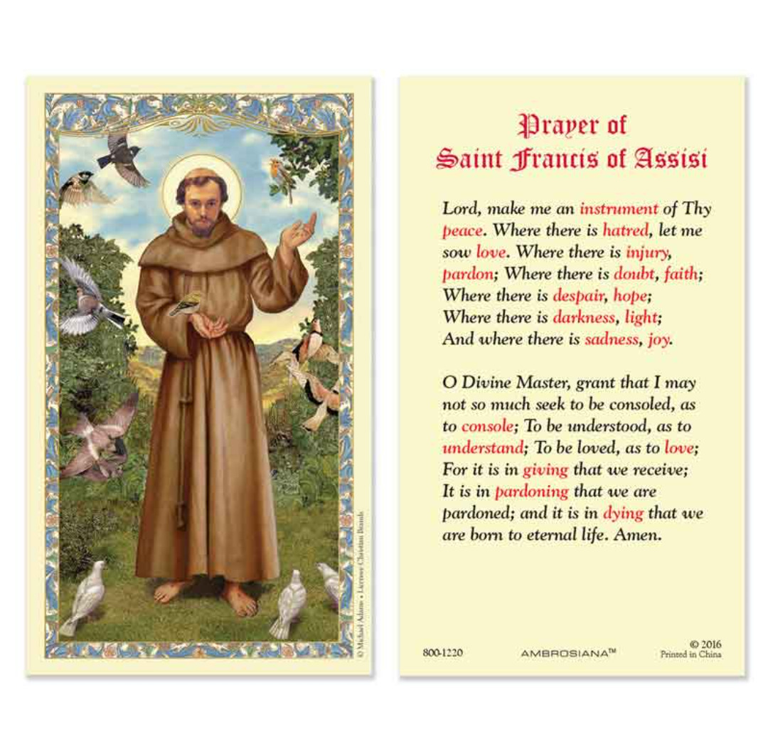Laminated St. Francis of Assisi Holy Prayer Card Instrument of Peace Prayer