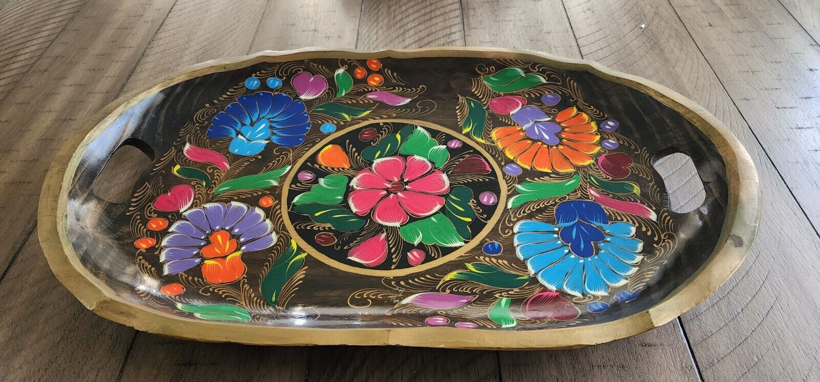 Vintage Mexican Folk Art Batea Tray Hand Painted Wooden Dish 17.5\
