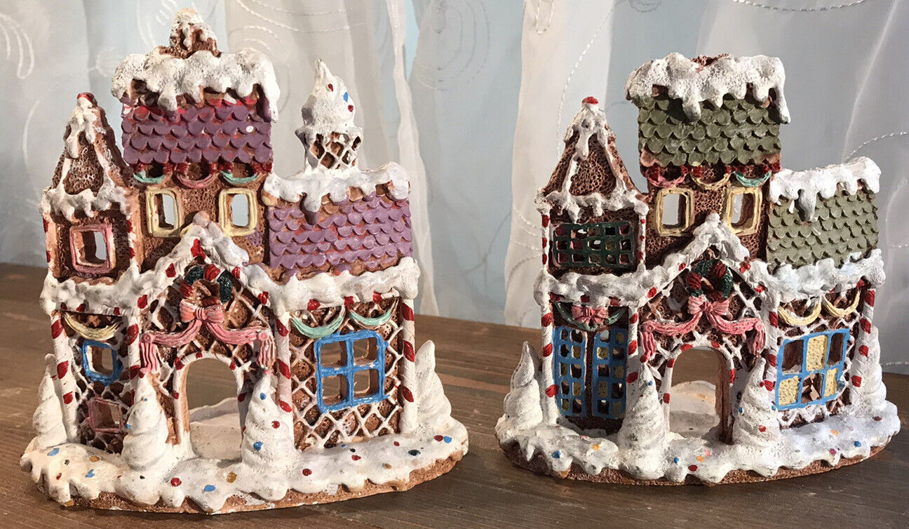 Lot Of 2 DOLGencorp Inc Tealight Candle Holders Gingerbread House Christmas Snow
