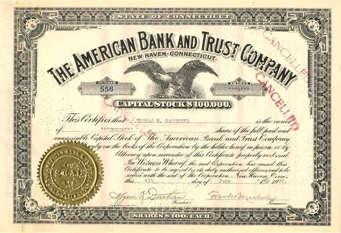 American Bank and Trust Co. - 1928 dated Banking Stock Certificate - Later Becam