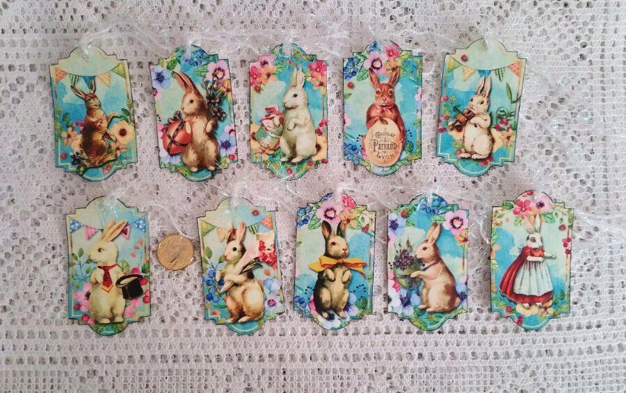 10-Easter-Vintage-Victorian-Bunny-Rabbit-Handmade-Linen Cardstock-Gift-Hang-Tags