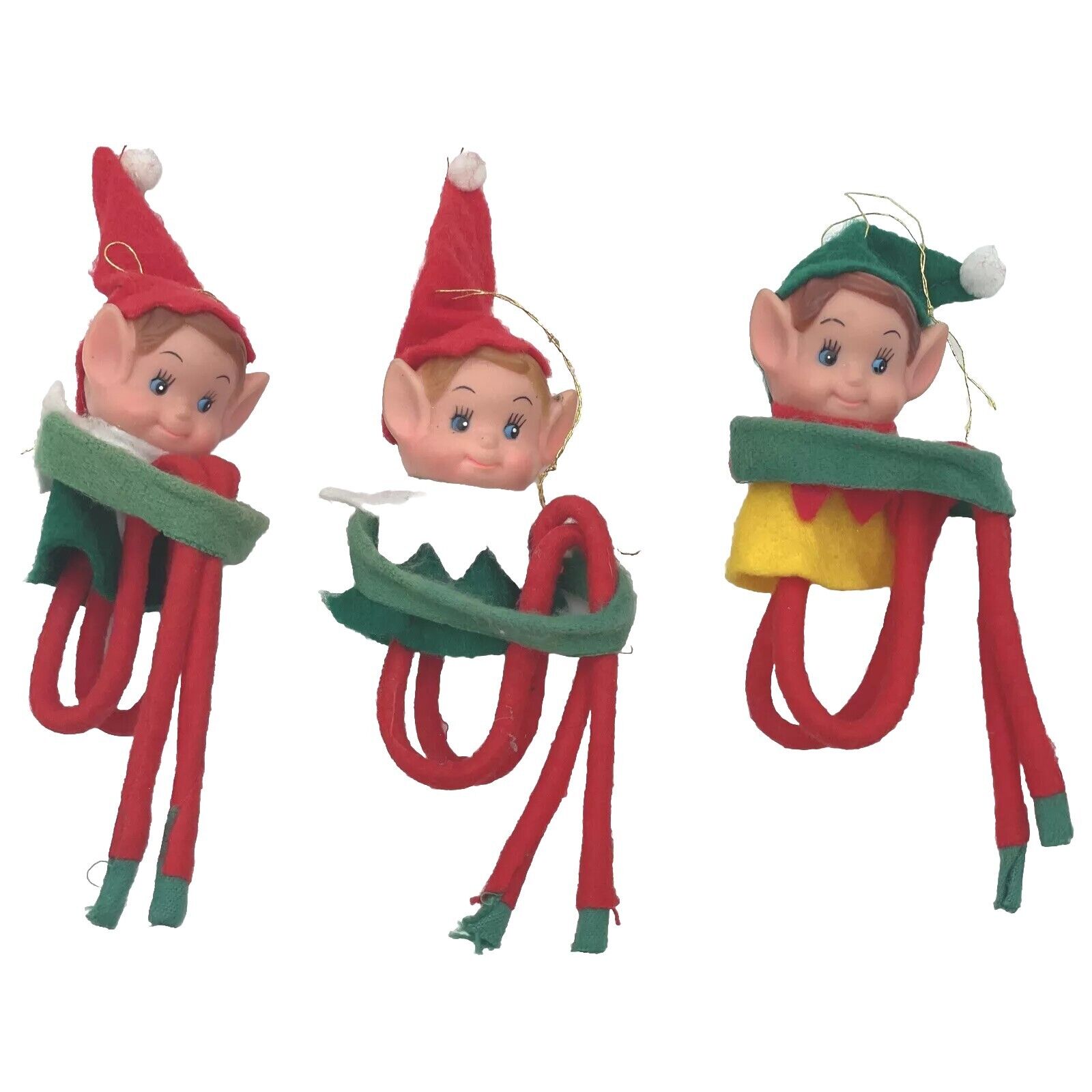 3 Vintage Small Knee Huggers Elves Elf Ornament Christmas Decor Red Green