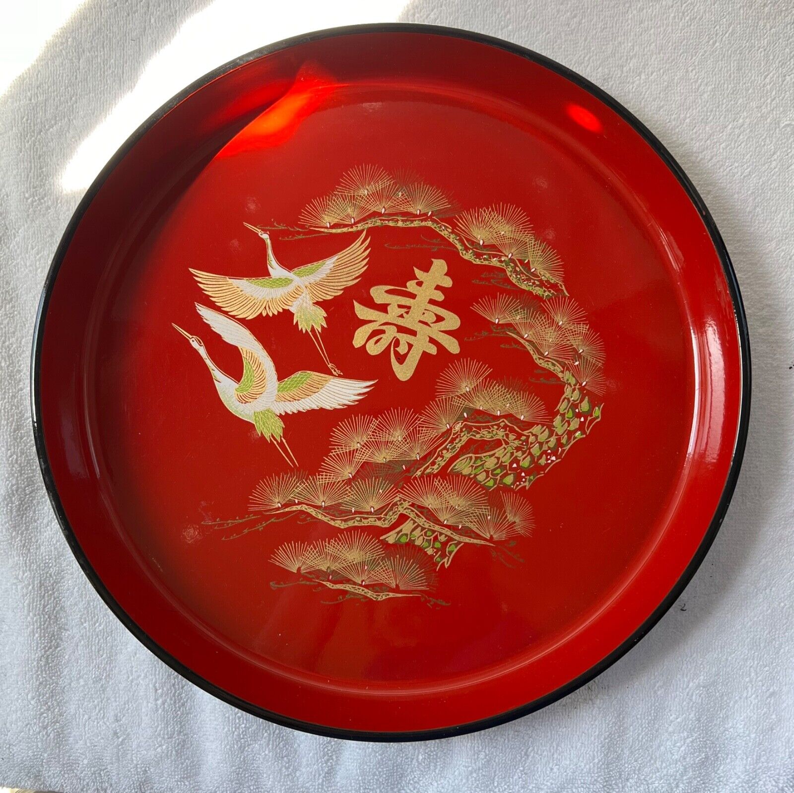 Vintage 1960’s 70s MCM 13” Party Serving Tray Round Red Cranes Japan