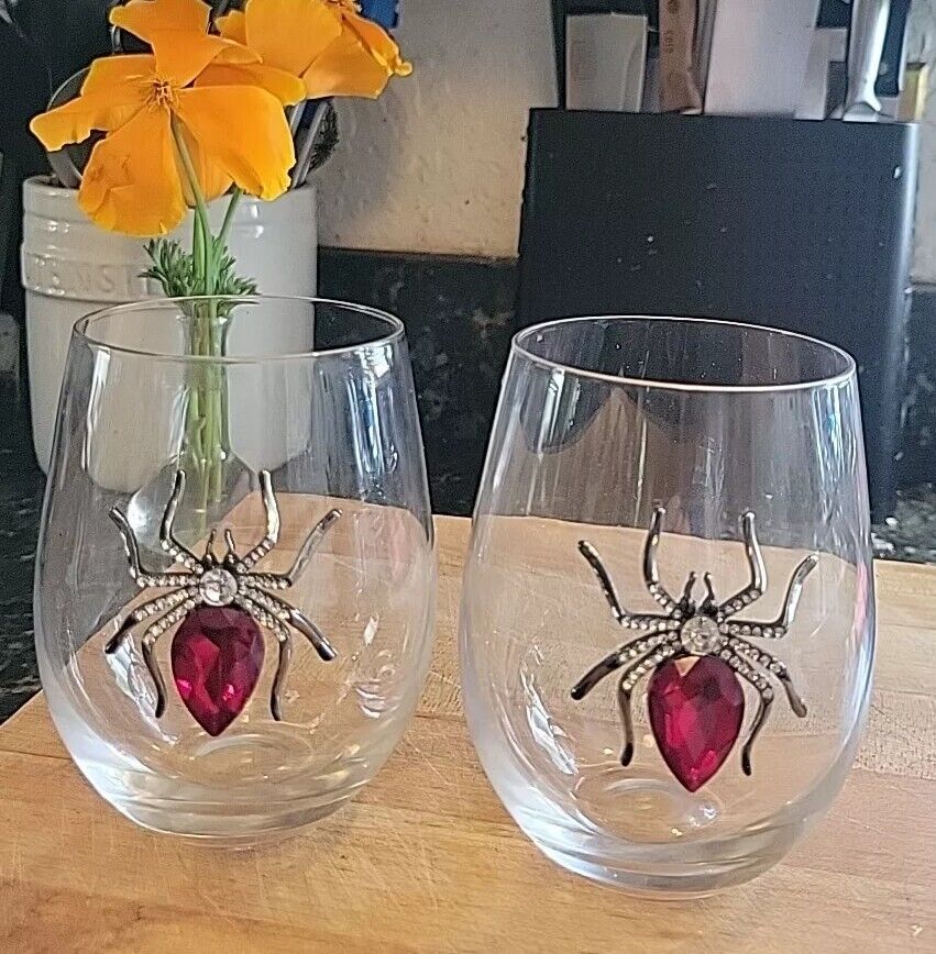 Glass Royal Red Spider Stemless Wine Glass Metal & Jeweled Spider, Set Of 2