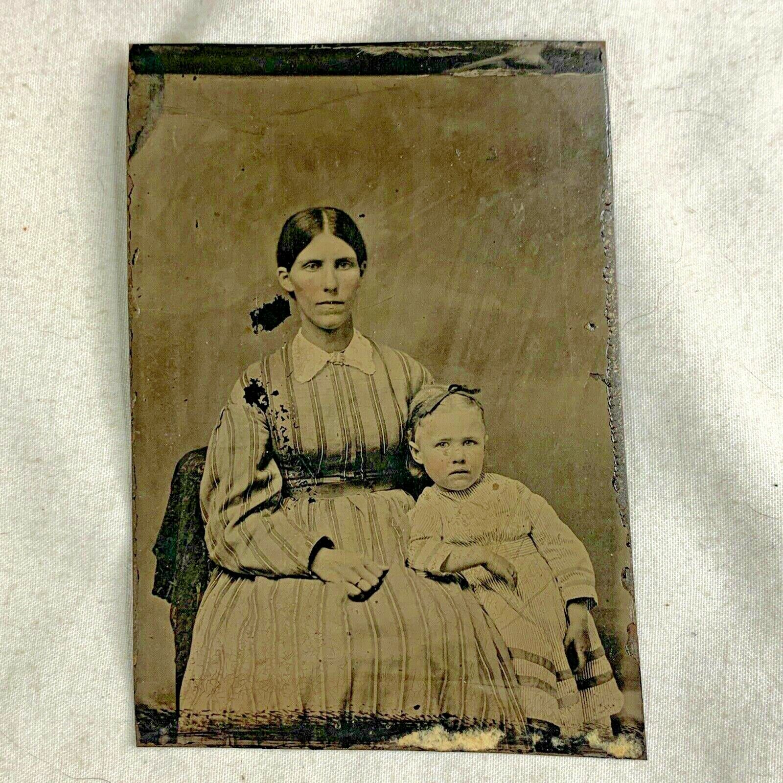 Tintype Photograph Mother With Child Antique Family Portrait 2 1/2”x 3 1/2”