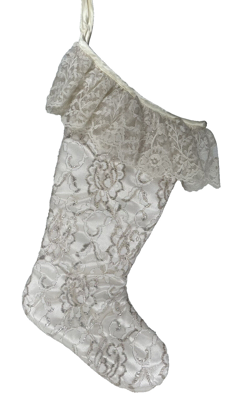 Vintage 1980\'s Christmas Stocking Victorian Satin Lace Ivory Shabby French 16\