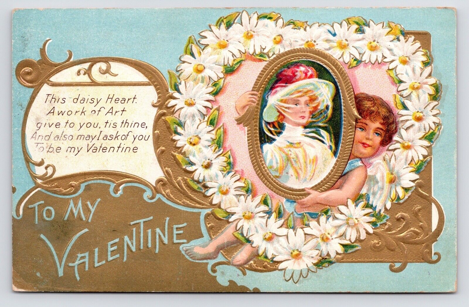 c1910 Valentine Victorian Lady Cupid Daisy Gold Embossed Antique Art Postcard