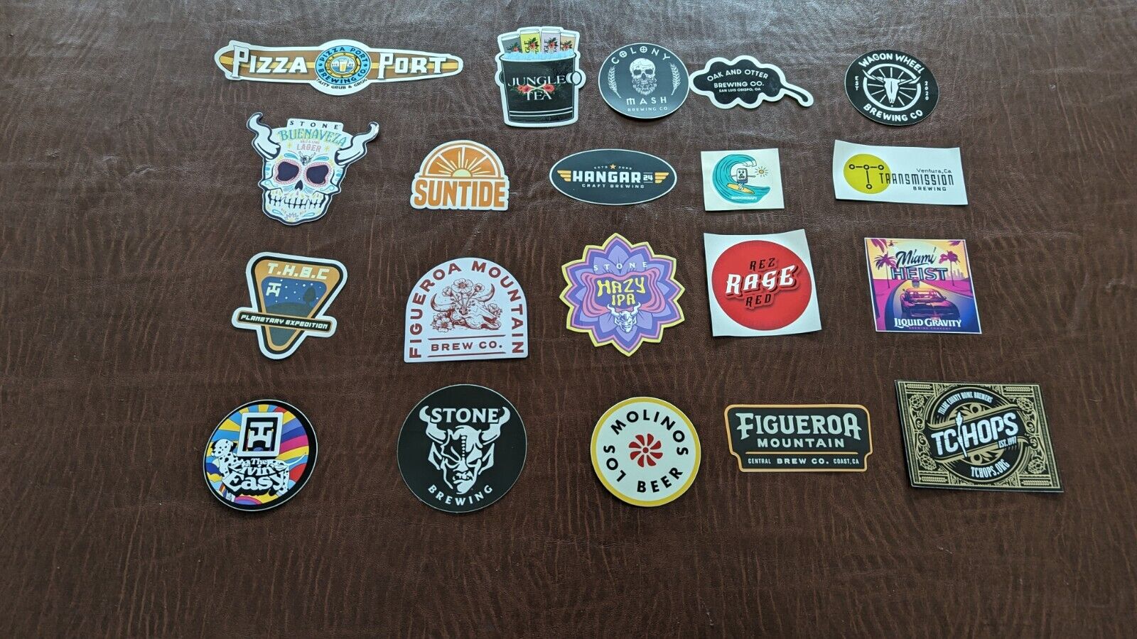 Large lot craft brewery stickers: Stone, Fig Mountain, Pizza Port, Los Molinos