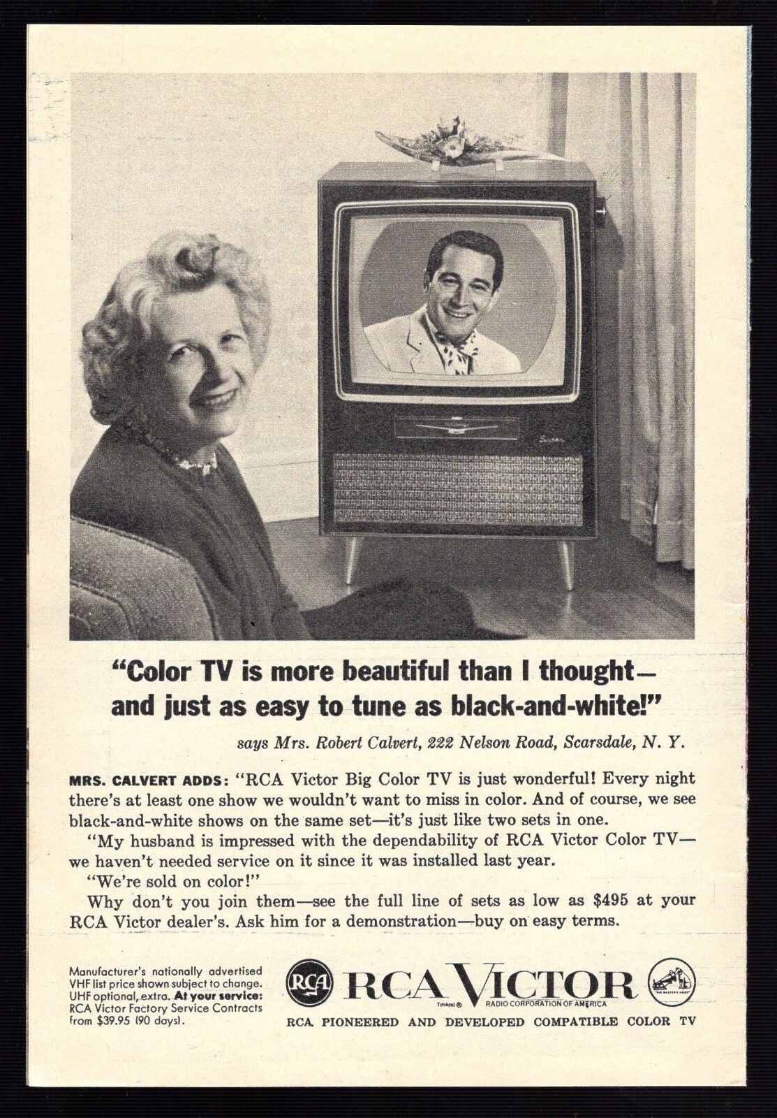 1957 RCA VICTOR COLOR TV AD~PERRY COMO~MRS. ROBERT CALVERT SCARSDALE,NY