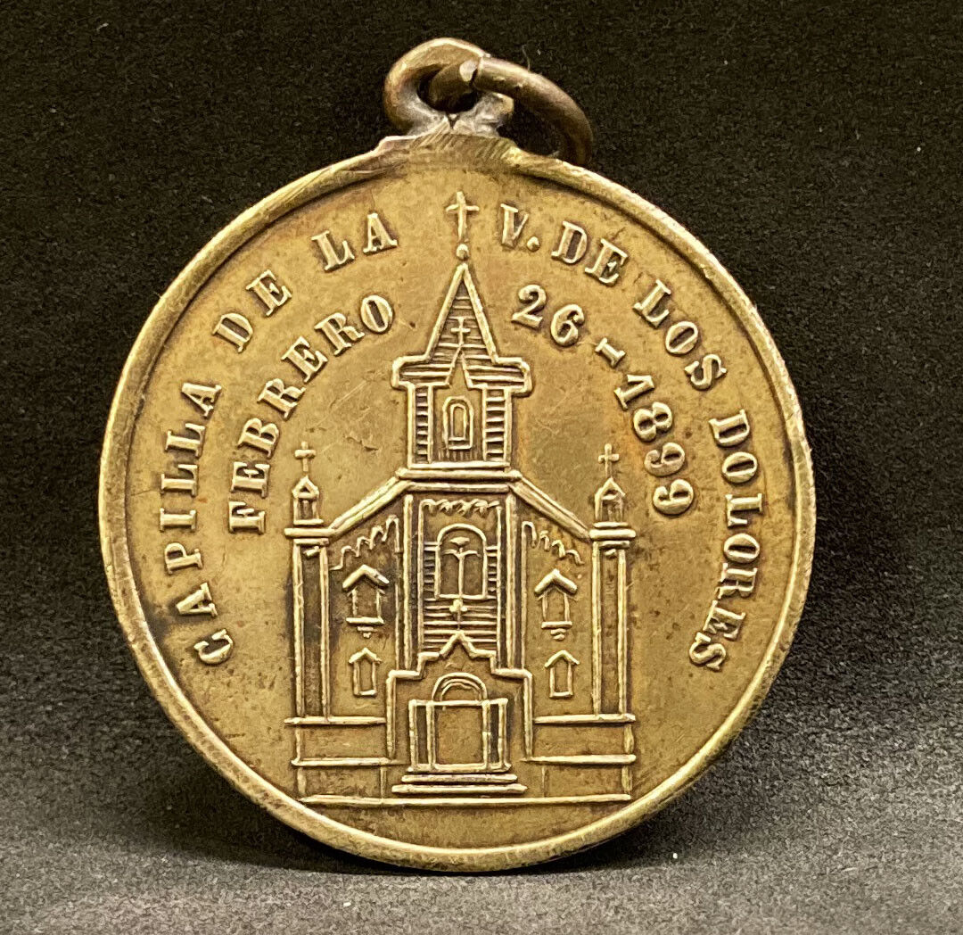 ARGENTINA 1899 OUR LADY OF SORROW CHAPEL, GODPARENTS, OLD BRONZE CATHOLIC MEDAL