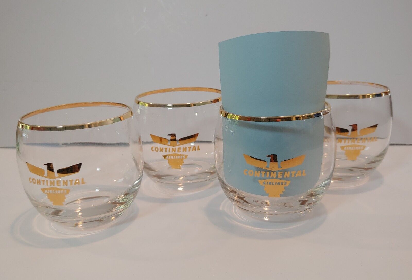 1960\'s Continental Airlines Gold-Trim and Bird First Class Glasses (Set of Four)