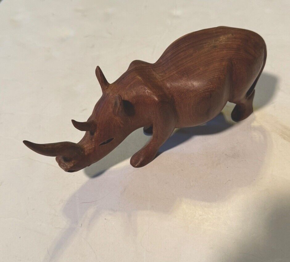 Vintage Hand Carved Teak Wood Rhinoceros Sculpture Figurine 8 In.Long 