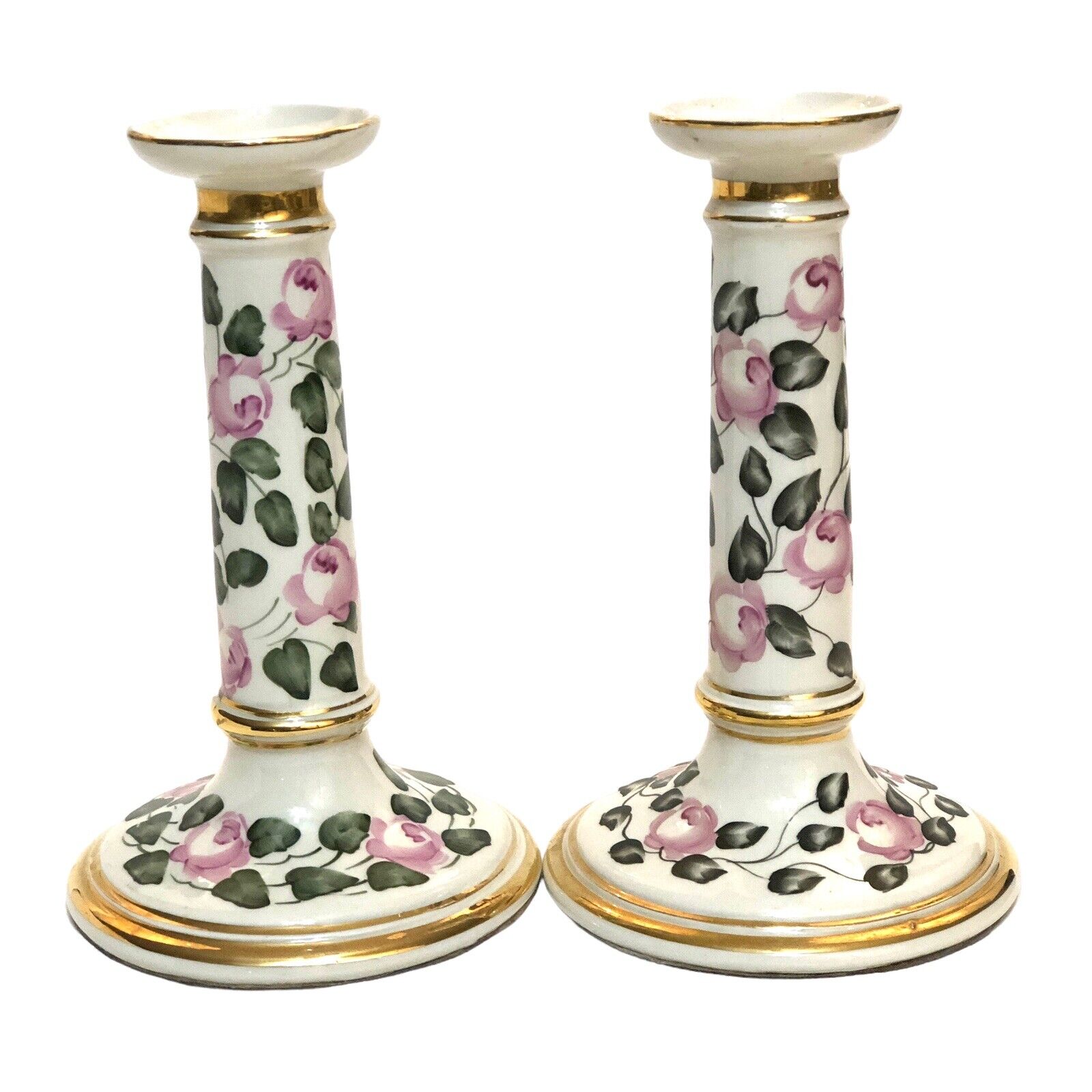 Gorgeous Tall Vintage Hand-Painted Porcelain Candlesticks Pink Roses Gold 9\