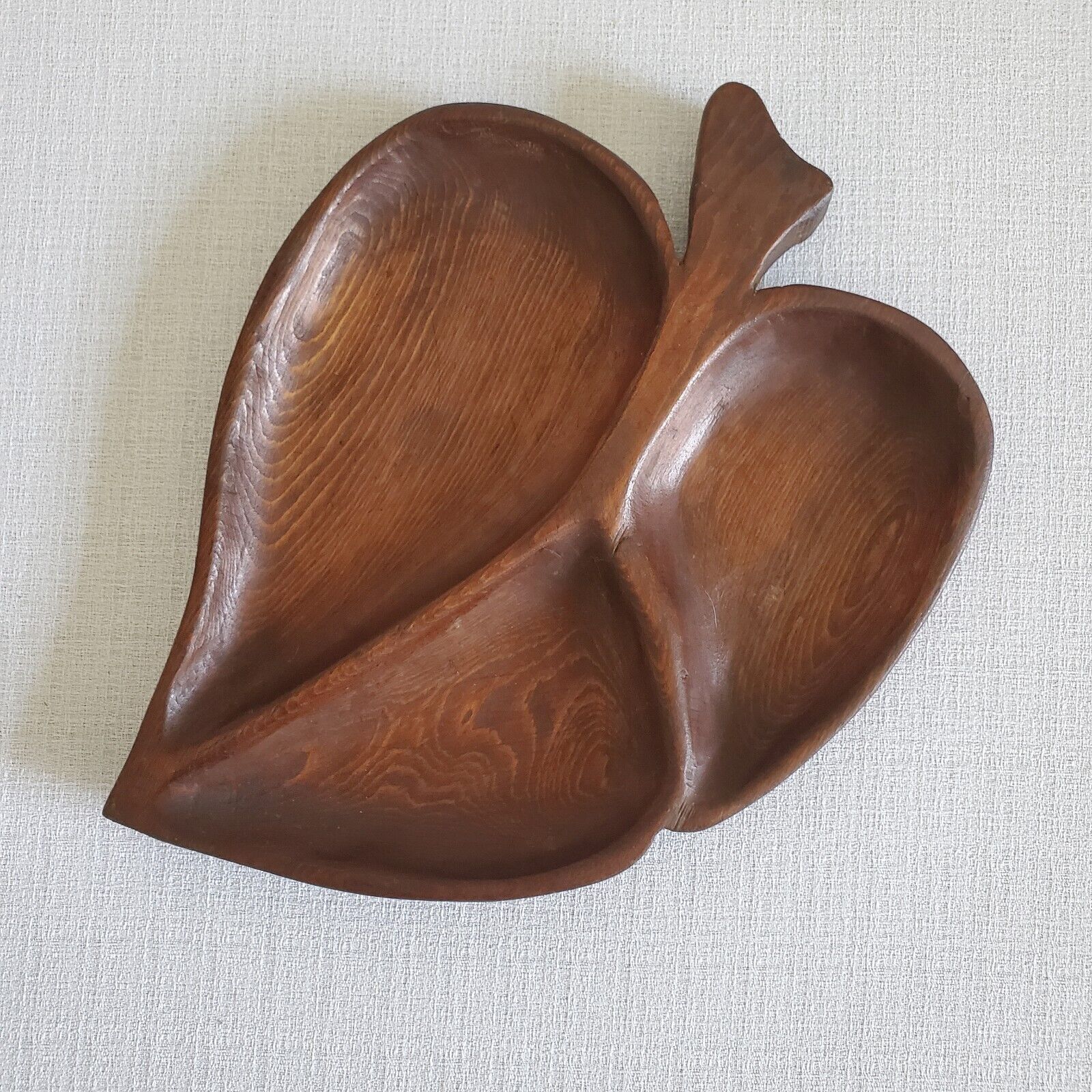 Vtg 1940s Monkey Pod Wood 3 Divided Serving Bowl Tray Hand Carved Leaf Tropical