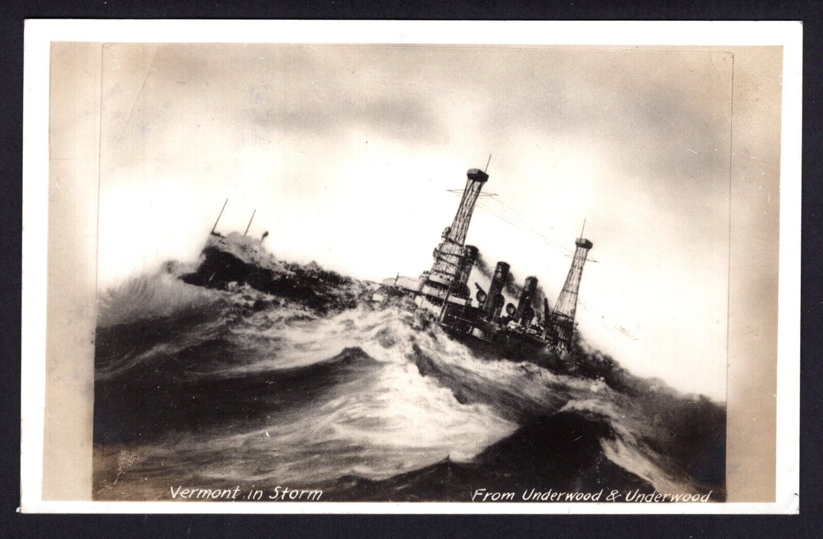 USS Vermont In Storm From Underwood & Underwood RPPC Real Photo Postcard Unused