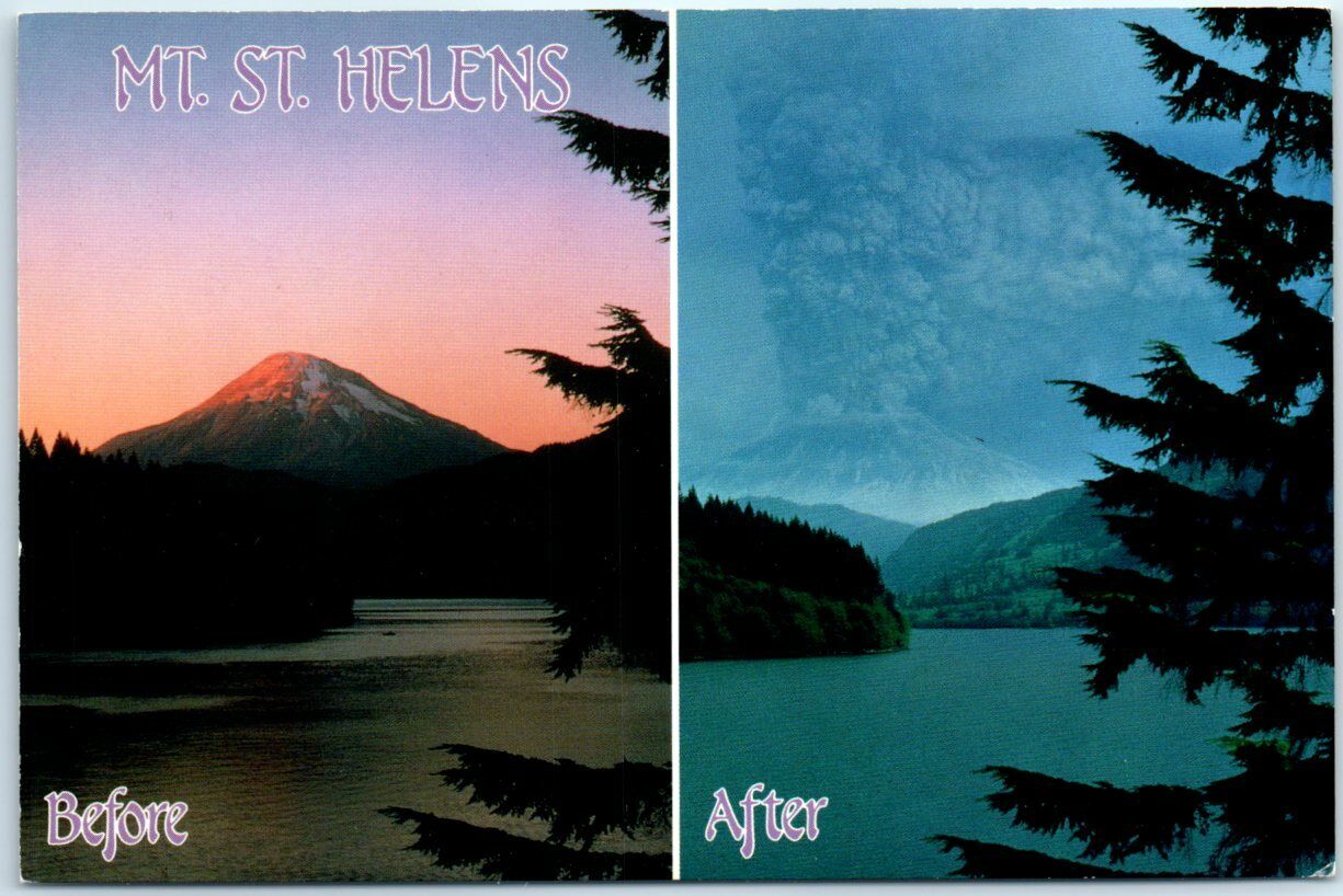 Postcard - Mount St. Helens Before and After the volcanic eruptions, Washington