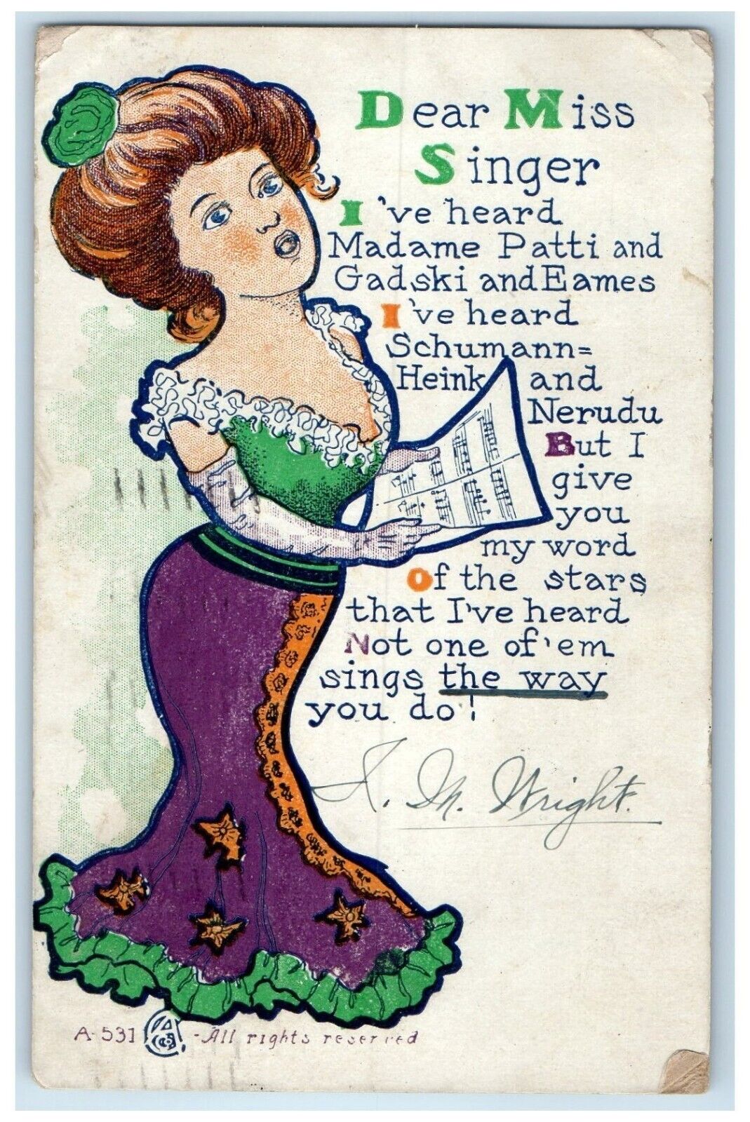 1906 Woman Singing Miss Singer Kansas City Missouri MO Posted Antique Postcard