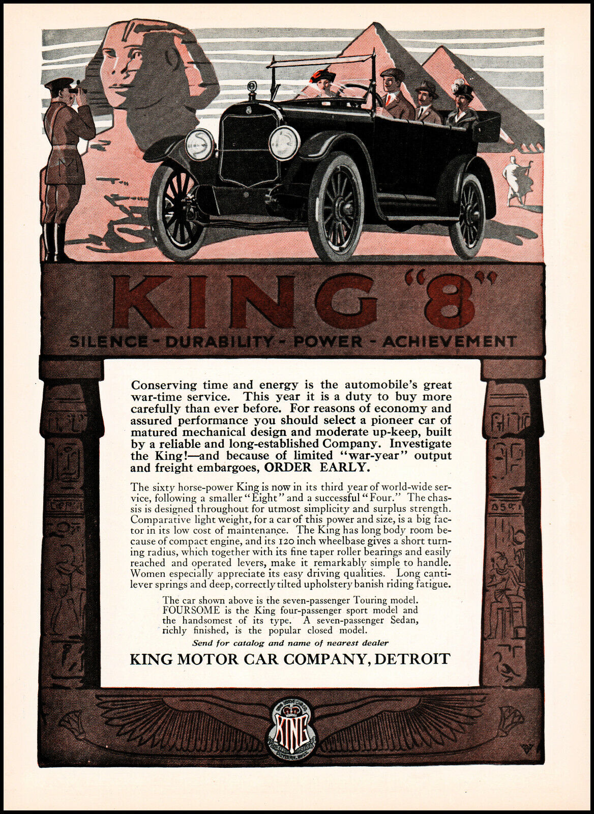 1918 King Motor Car King 8 Egyptian Pyramids tour car vintage art print ad ads76