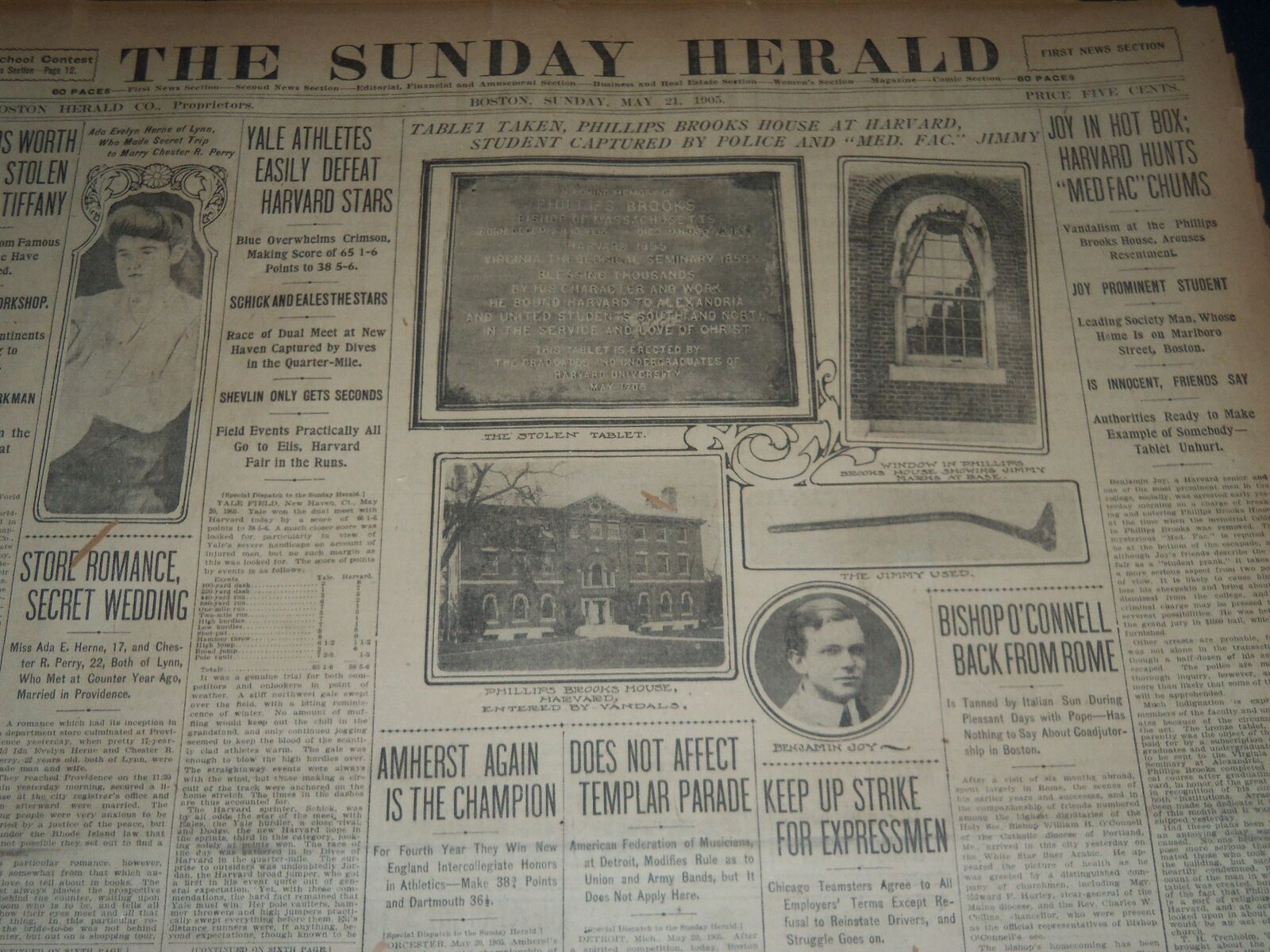 1905 MAY 21 THE BOSTON HERALD - PHILLIPS BROOKS HOUSE TABLET TAKEN - BH 154