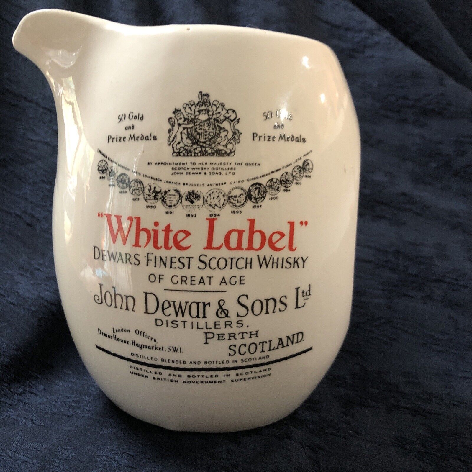 Vintage Dewars Finest Scotch Whisky Pitcher, White Label, John Dewar & Sons Ltd