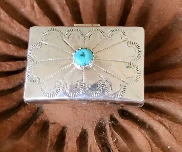Native American Sterling Turquoise Pill Box Snuff Navajo Indian Signed Silver 