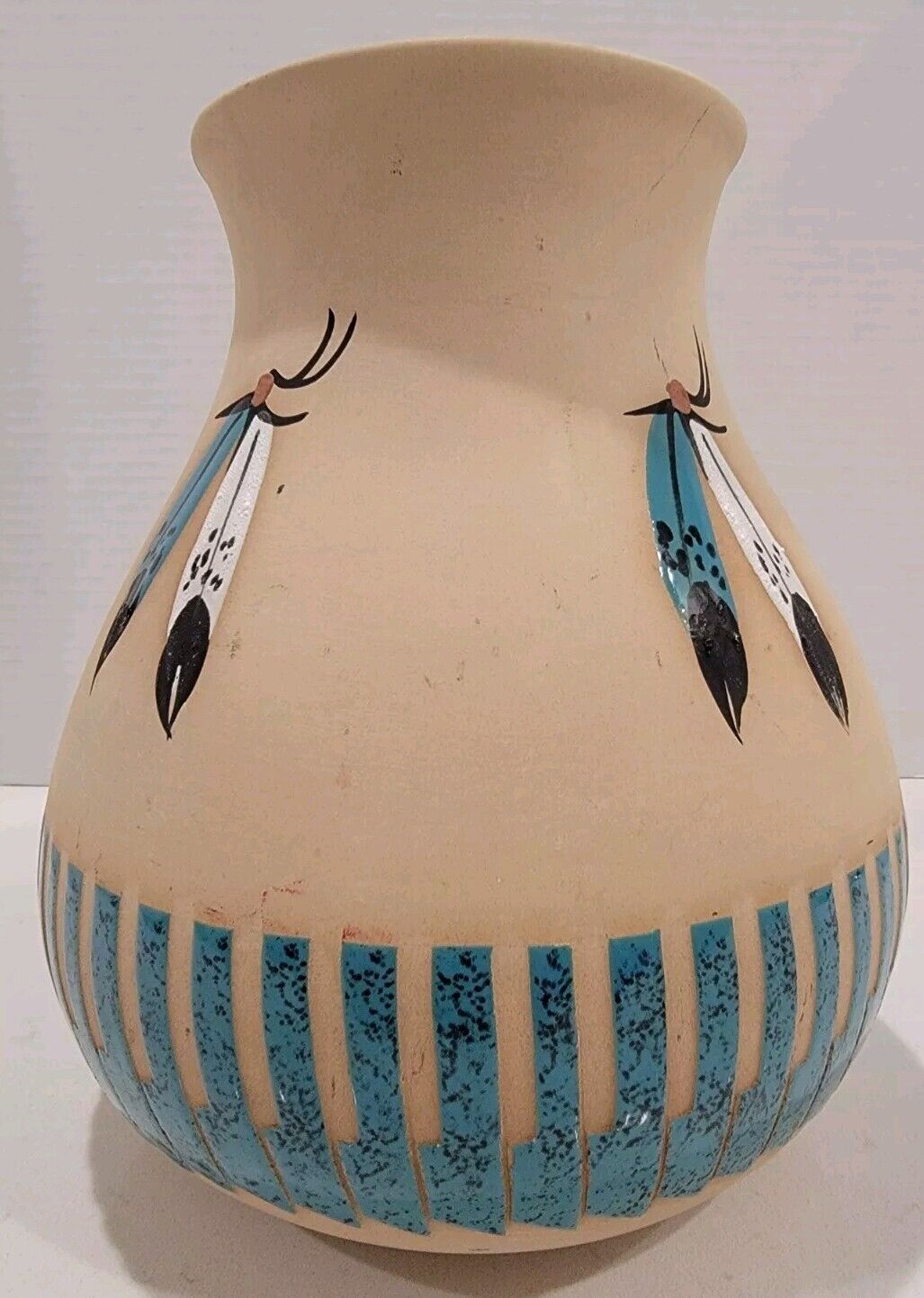 Vintage Marilyn Wiley Pottery Vase Turquoise Glaze Feathers Art 9 1/4 X 8 AS IS