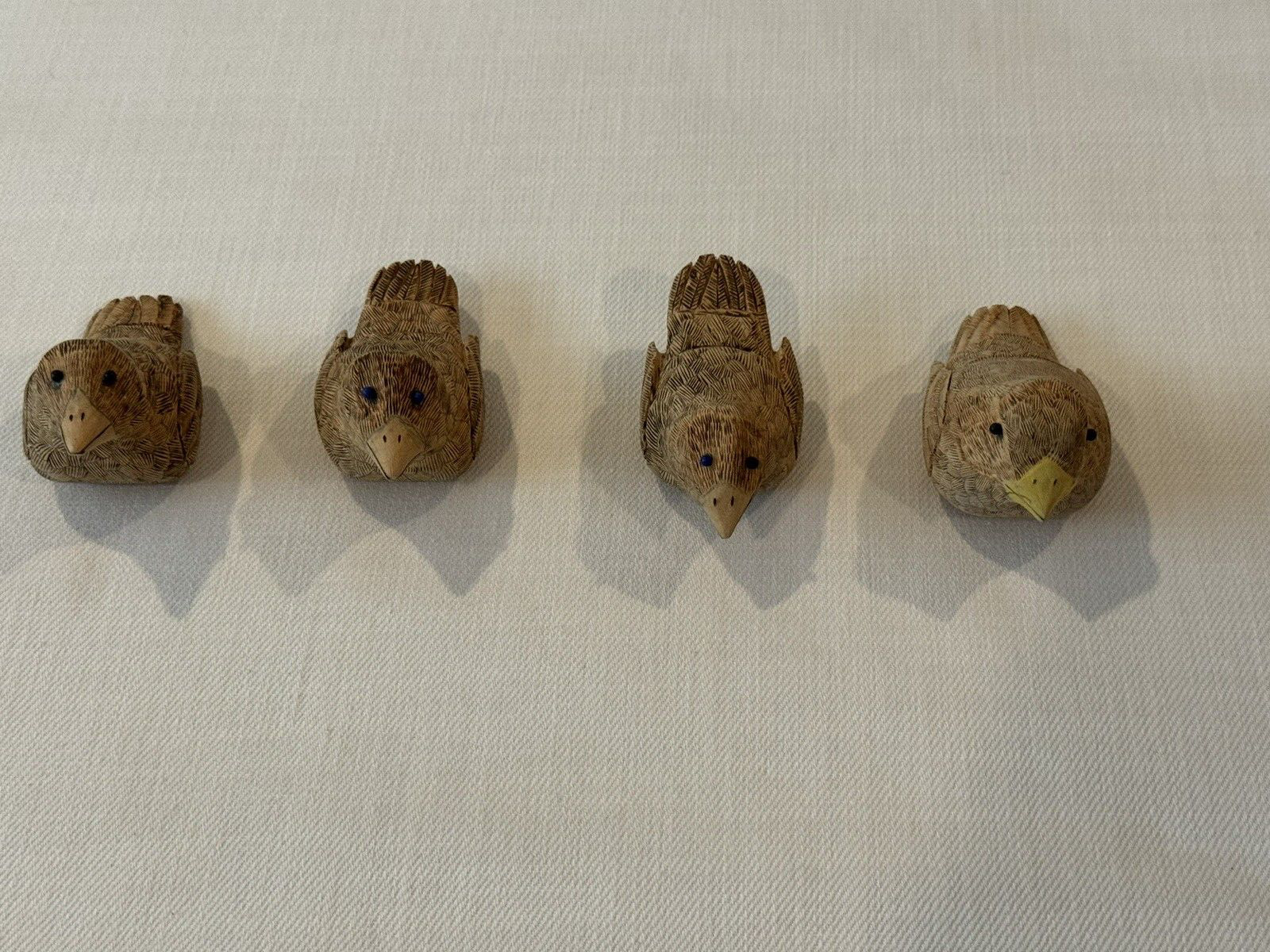 Vintage Set Of Four Hand Carved Small Wooden Bird Figures