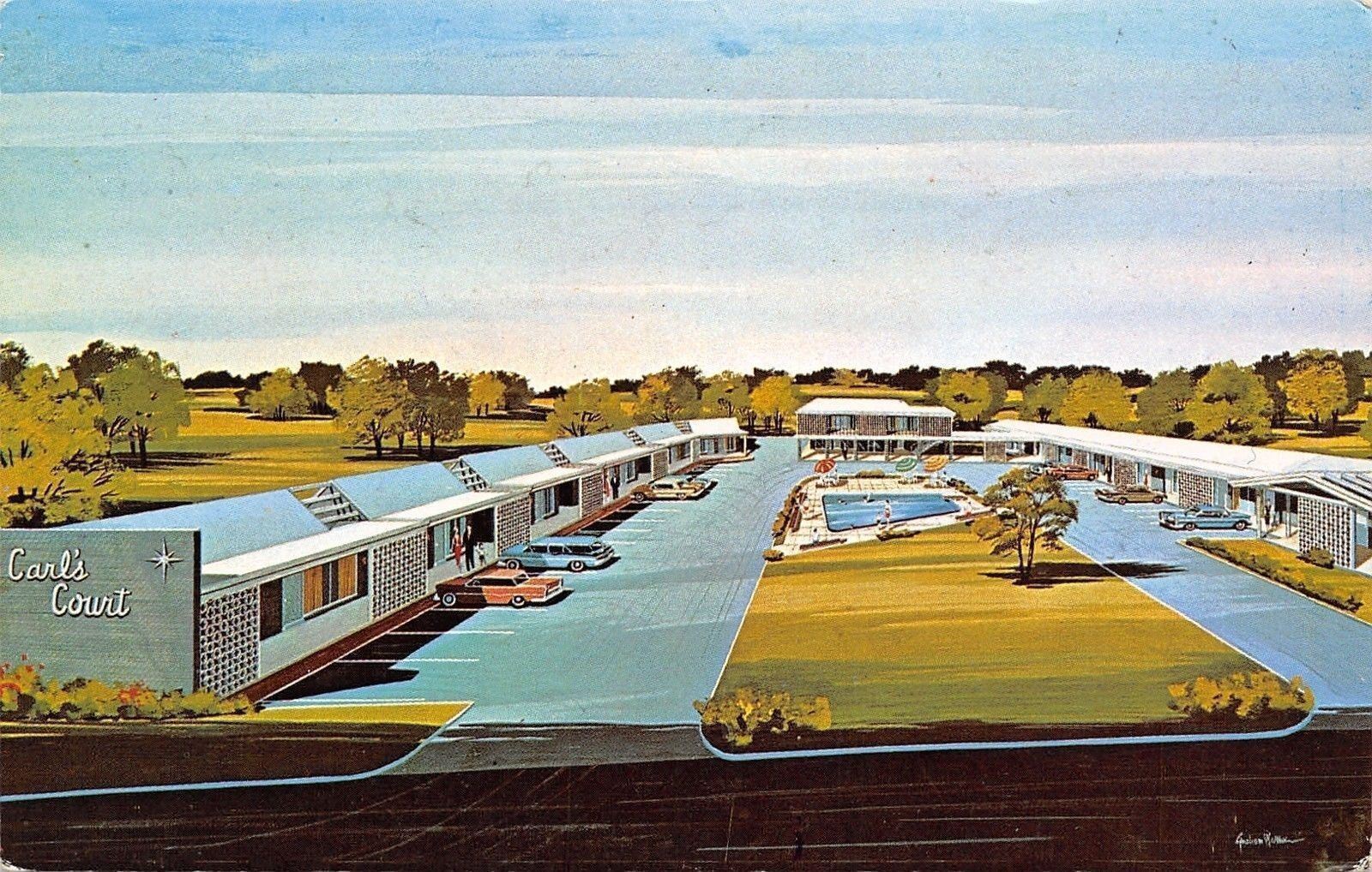 Forrest City Arkansas~Carl\'s Courts~Roadsde Motel~1960s Artist Drawn Postcard