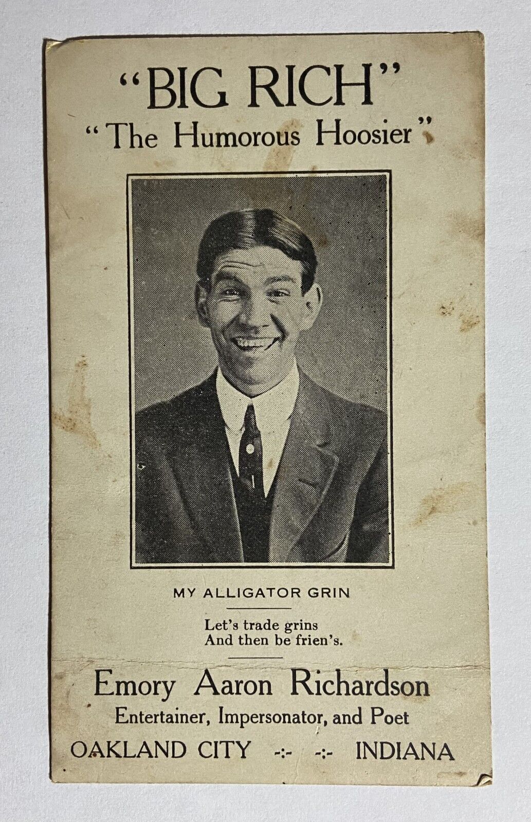 Antique Postcard Greeting Card Emory Aaron E.A. Richardson BIG RICH Hoosier Poet
