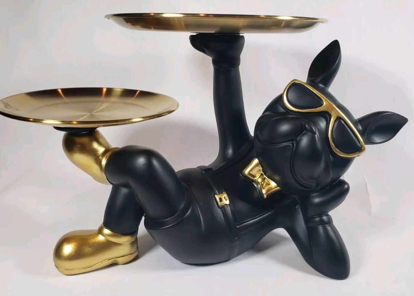 Black And Gold Resin French Bulldog Frenchie Statue Double Tray Catch All