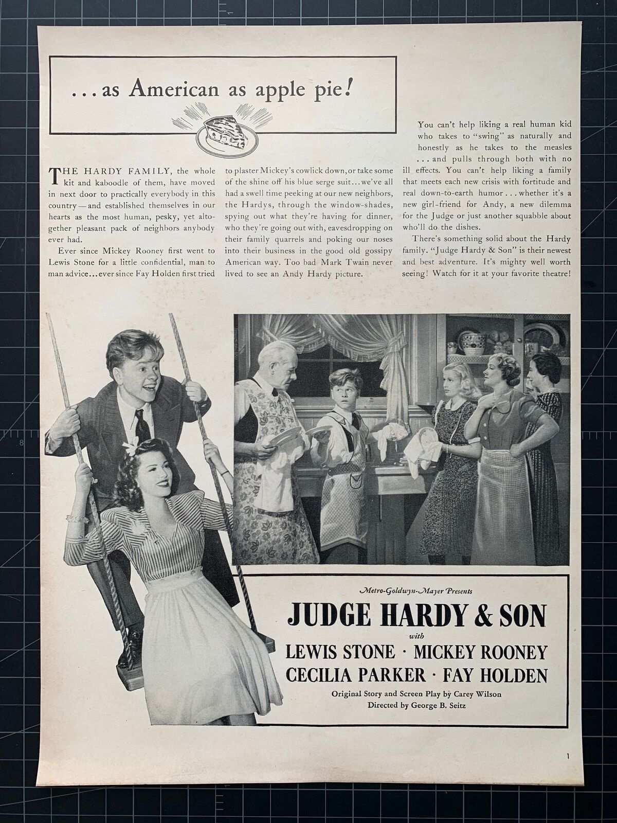 Vintage 1939 “Judge Hardy & Son” Film Print Ad - Mickey Rooney - Lewis Stone -