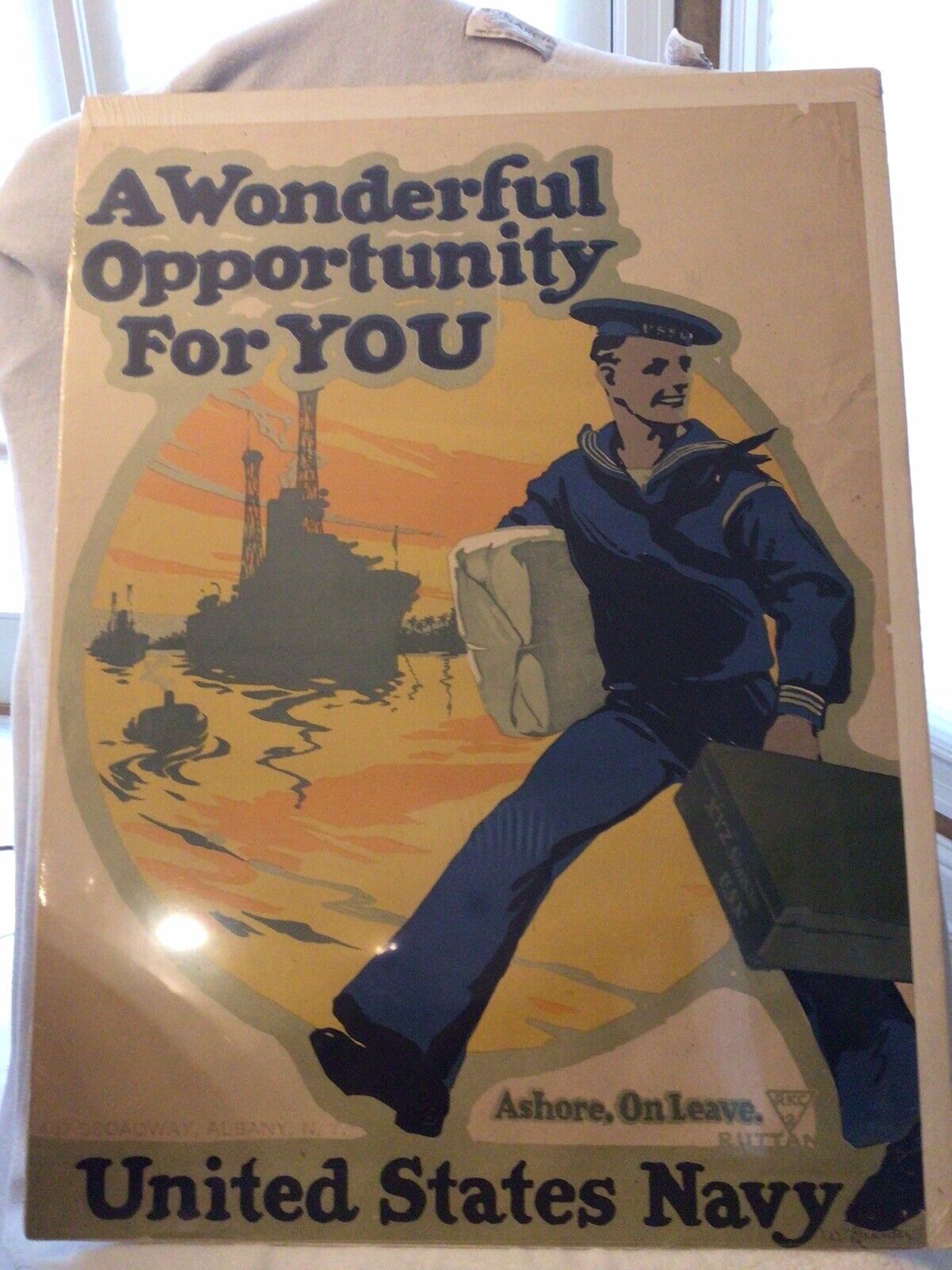 ORIGINAL WWI US NAVY RECRUITING POSTER A WONDERFUL OPPORTUNITY ASHORE ON LEAVE