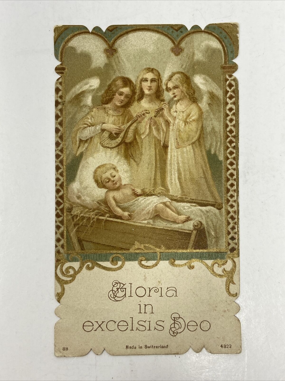 Early Vintage Religious Prayer Card Gold Gild Gloria in excelsis Deo Switzerland