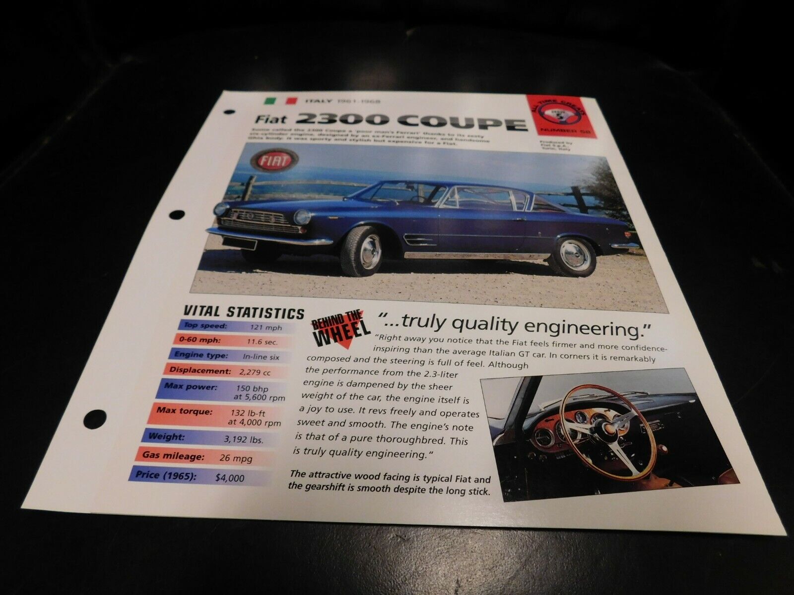 1961-1968 Fiat 2300 Coupe Spec Sheet Brochure Photo Poster 62 63 64 65 66 67