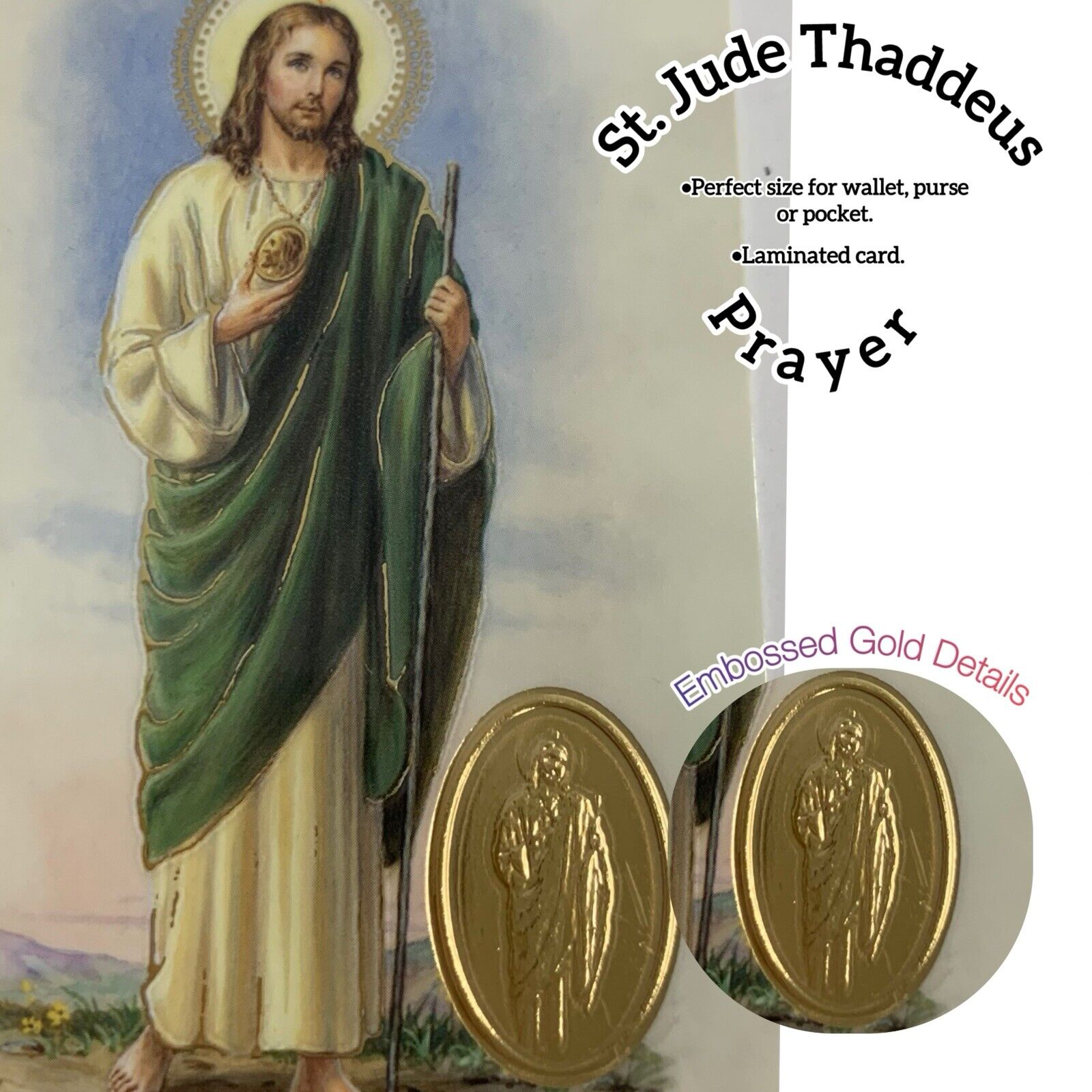 St Jude Thaddeus Prayer Card (3-Pack)-Laminated Holy Card-Gold Embossed Details