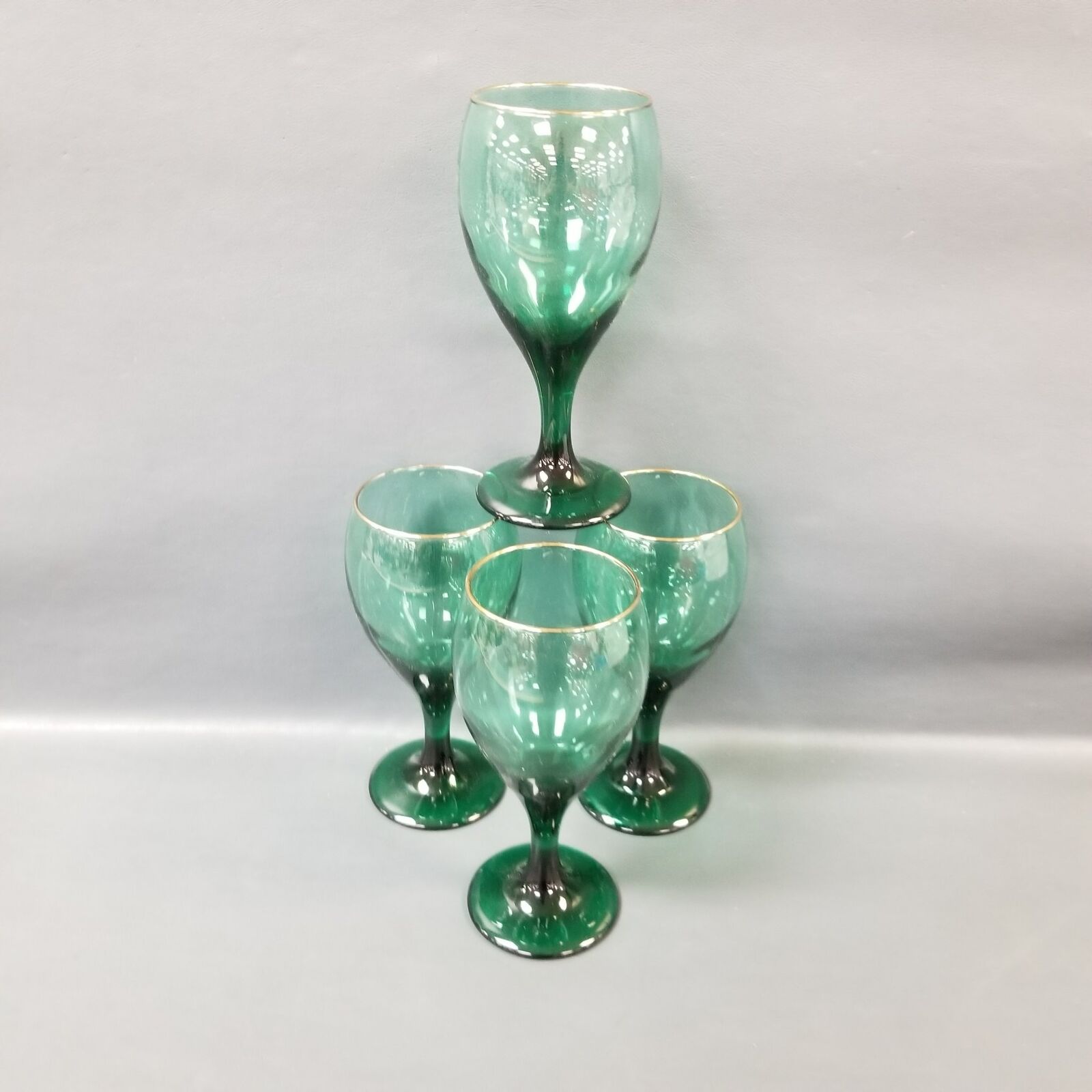 Set of 4 Vintage Libbey Juniper Green Gold Rim Goblet Water Wine GlassStemware^