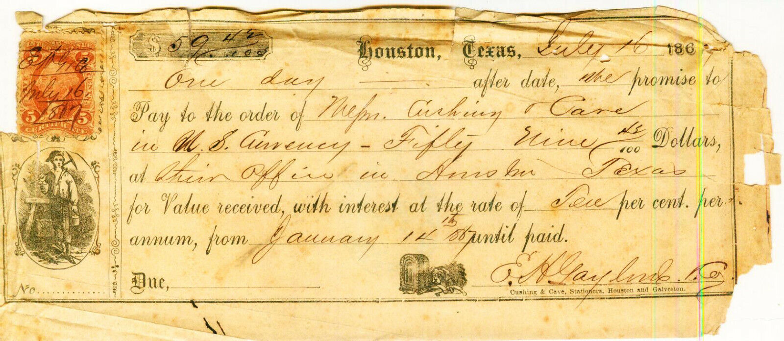  Promissory Note Houston Victoria Texas 1867 E H Gaylord 24th Texas Cavalry CSA