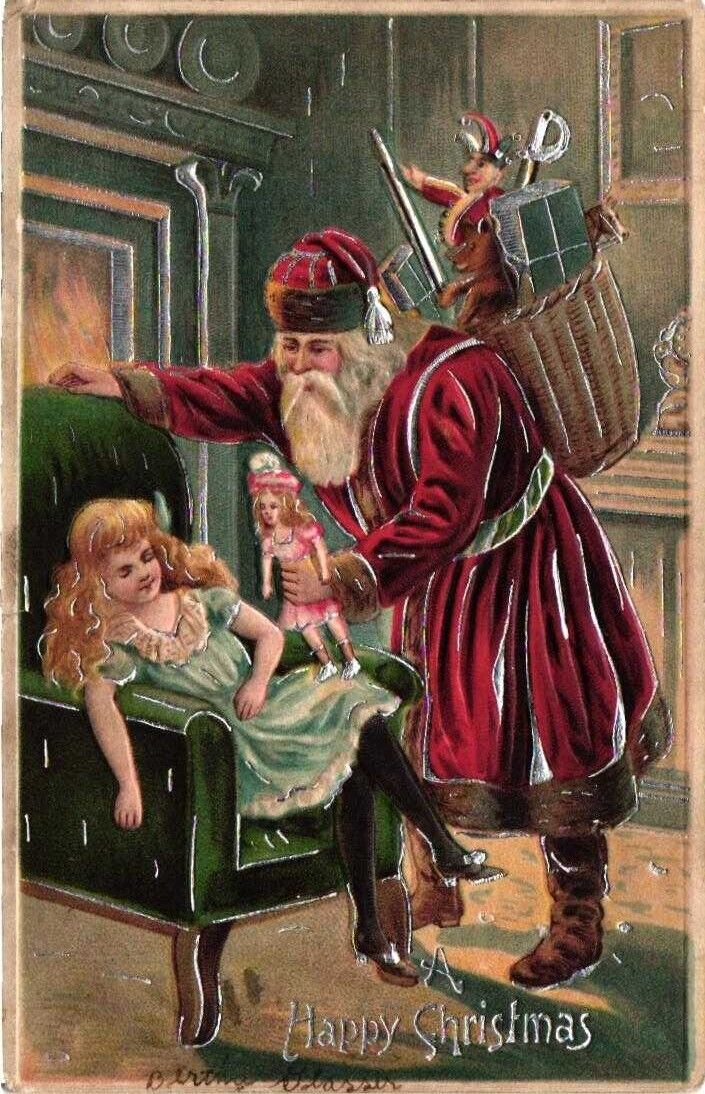 Vintage POST CARD*RED COAT SANTA*Christmas* Child*Doll*Toys*pm 1910 (M3)