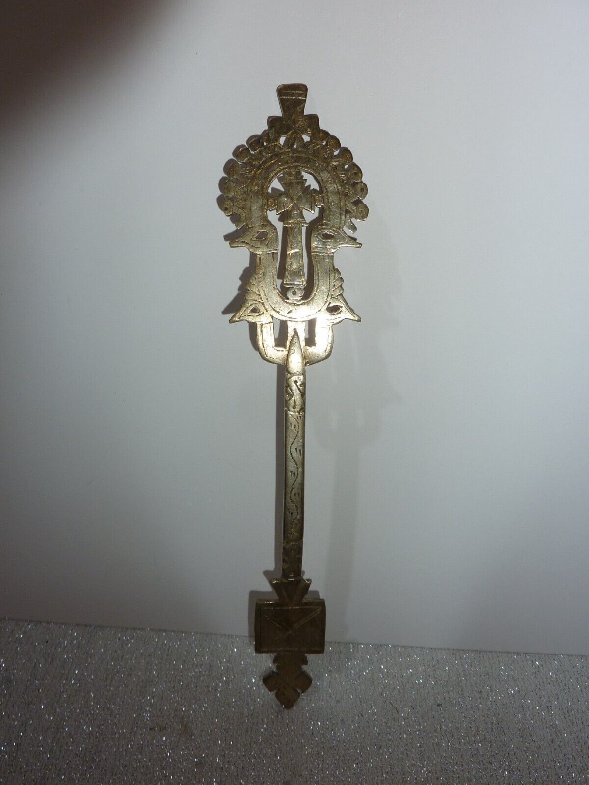 Antique Ethiopian Processional Handheld Coptic Cross Silver on Bronze Brass 10\