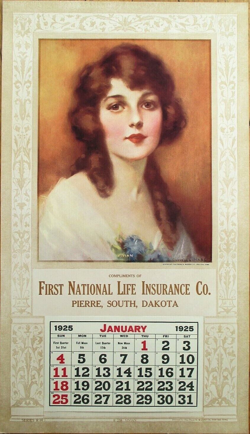 Pierre, SD 1925 Advertising Calendar 14x30 Poster, Life Insurance, South Dakota