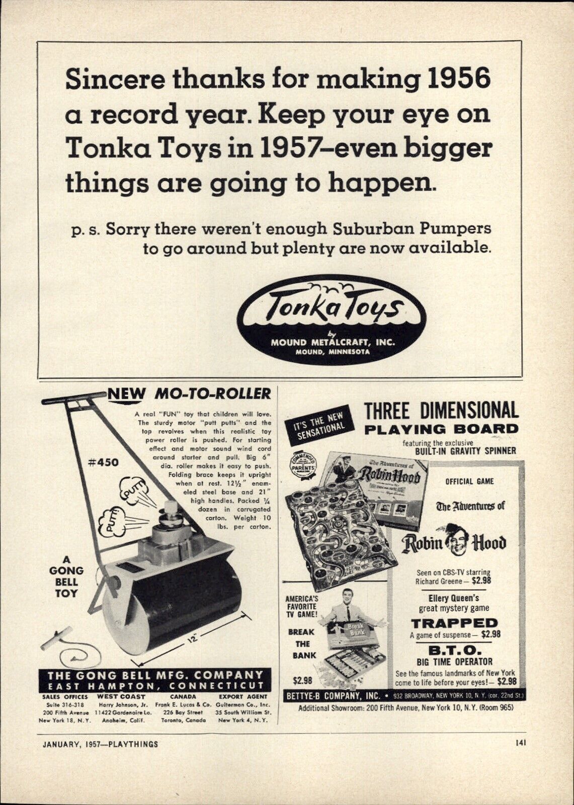 1957 PAPER AD Tonka Toys Robin Hood Game Board Gong Bell Mo-To-Roller Build Toy