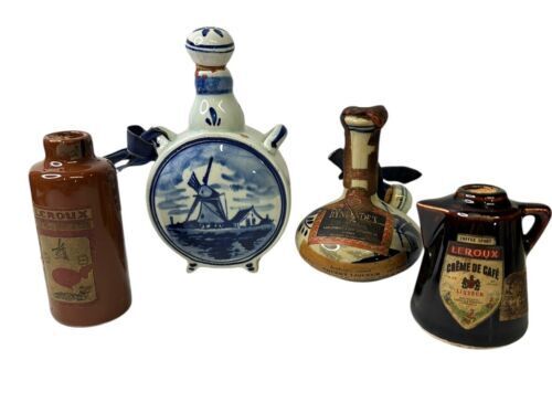 Vtg 1900’s Delft Holland Miniature Bottles Set 2 & 2 Leroux Pottery Bottles