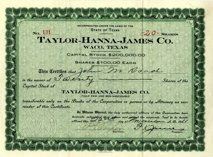 Taylor-Hanna-James Co. - Stock Certificate - General Stocks
