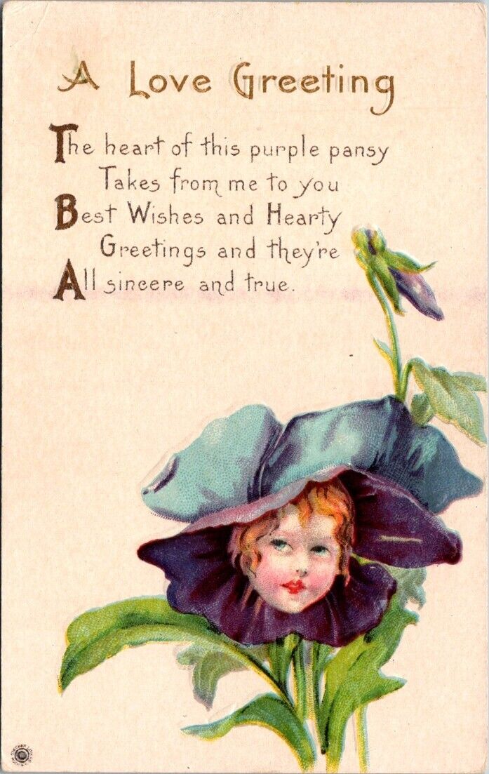 Valentine Fantasy Woman Head Flower Purple Pansy Stecher Lith c1910 postcard EQ3