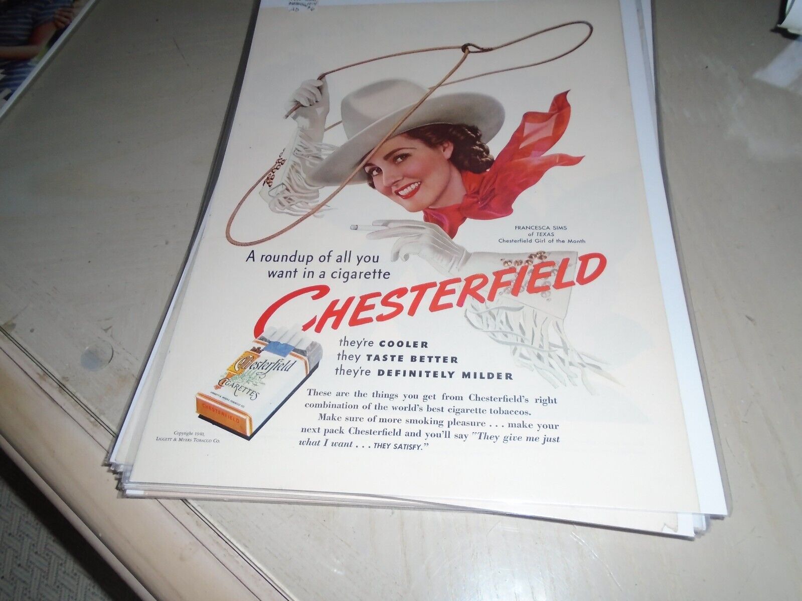 1940 Chesterfield Cigarettes Francesca Sims cowgirl lariat lasso Vintage Ad